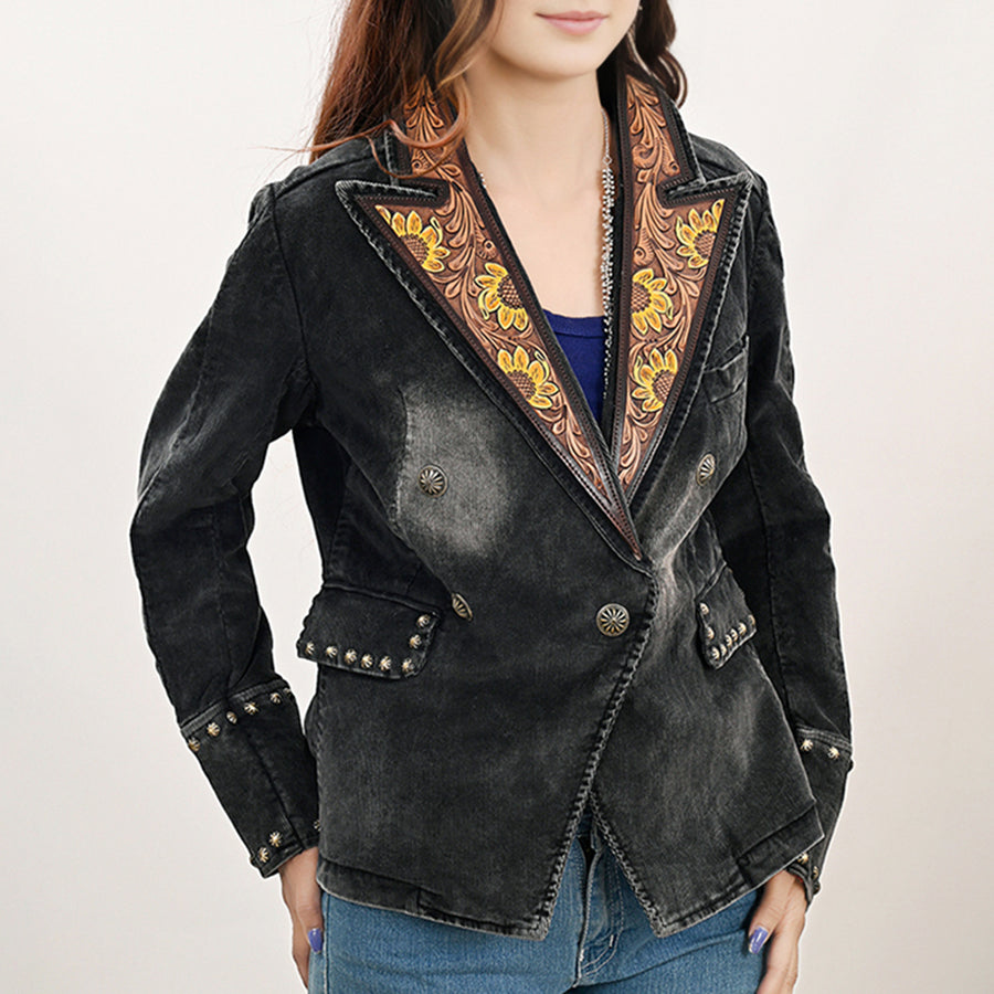 American Darling Genuine leather Hand tooled carved Women 100% cotton Denim Blazer dress jacket ladies | Vintage