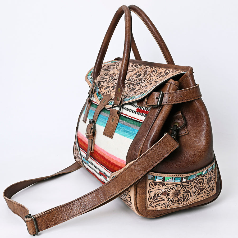 American Darling Western Duffel Bag Hand Tooled Genuine Leather Woven Saddle Blanket Travel Bag 12in (H) X 17in (W) X 8in (D)