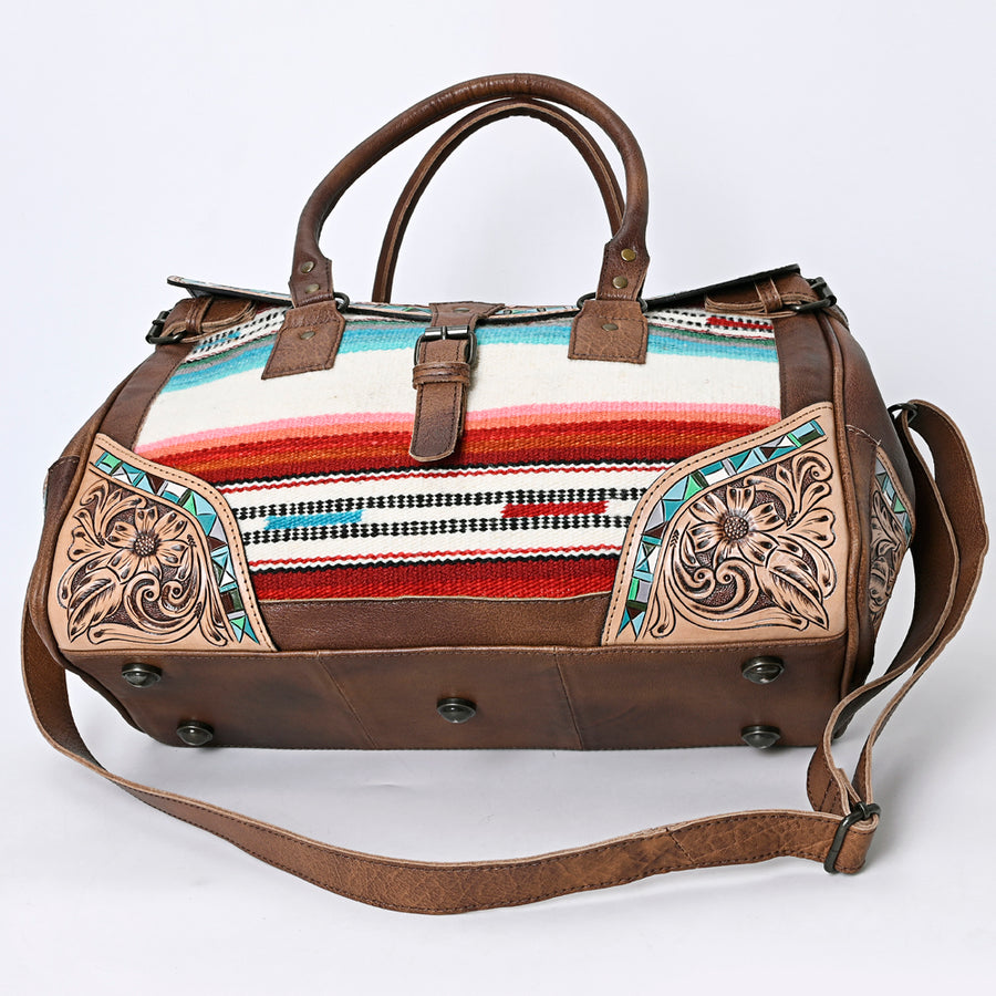 American Darling Western Duffel Bag Hand Tooled Genuine Leather Woven Saddle Blanket Travel Bag 12in (H) X 17in (W) X 8in (D)