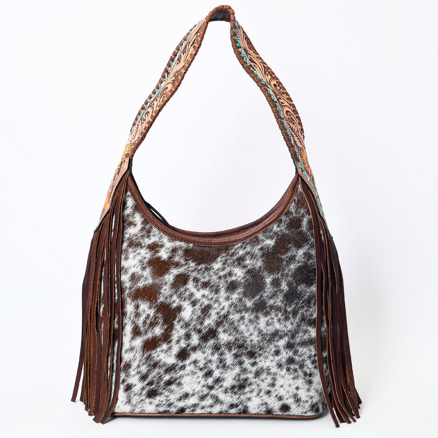 American Darling Hobo Bag for Women, Hand Tooled Floral Leather & Hair-On Cowhide Western Purse with Fringes & YKK Zipper