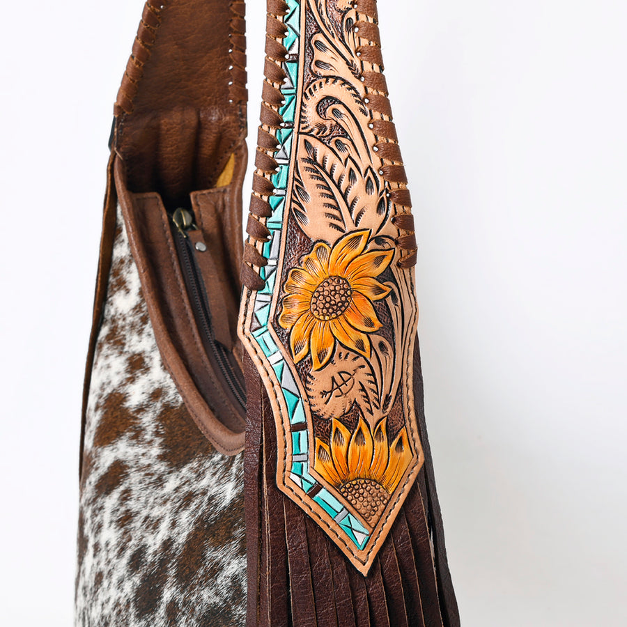 American Darling Hobo Bag for Women, Hand Tooled Floral Leather & Hair-On Cowhide Western Purse with Fringes & YKK Zipper
