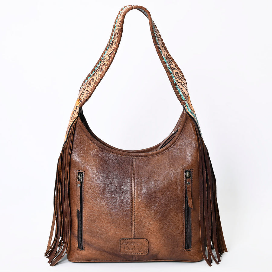 American Darling Hobo Bag for Women, Hand Tooled Floral Leather & Hair-On Cowhide Western Purse with Fringes & YKK Zipper