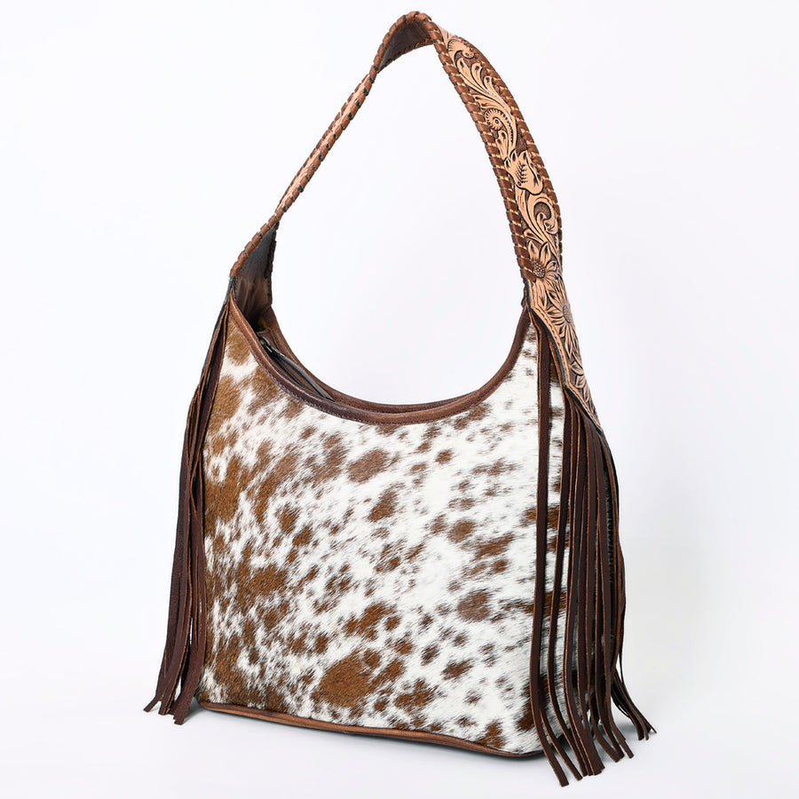 American Darling Hobo Bag for Women, Hand Tooled Floral Leather & Hair-On Cowhide Western Purse with Fringes & YKK Zipper