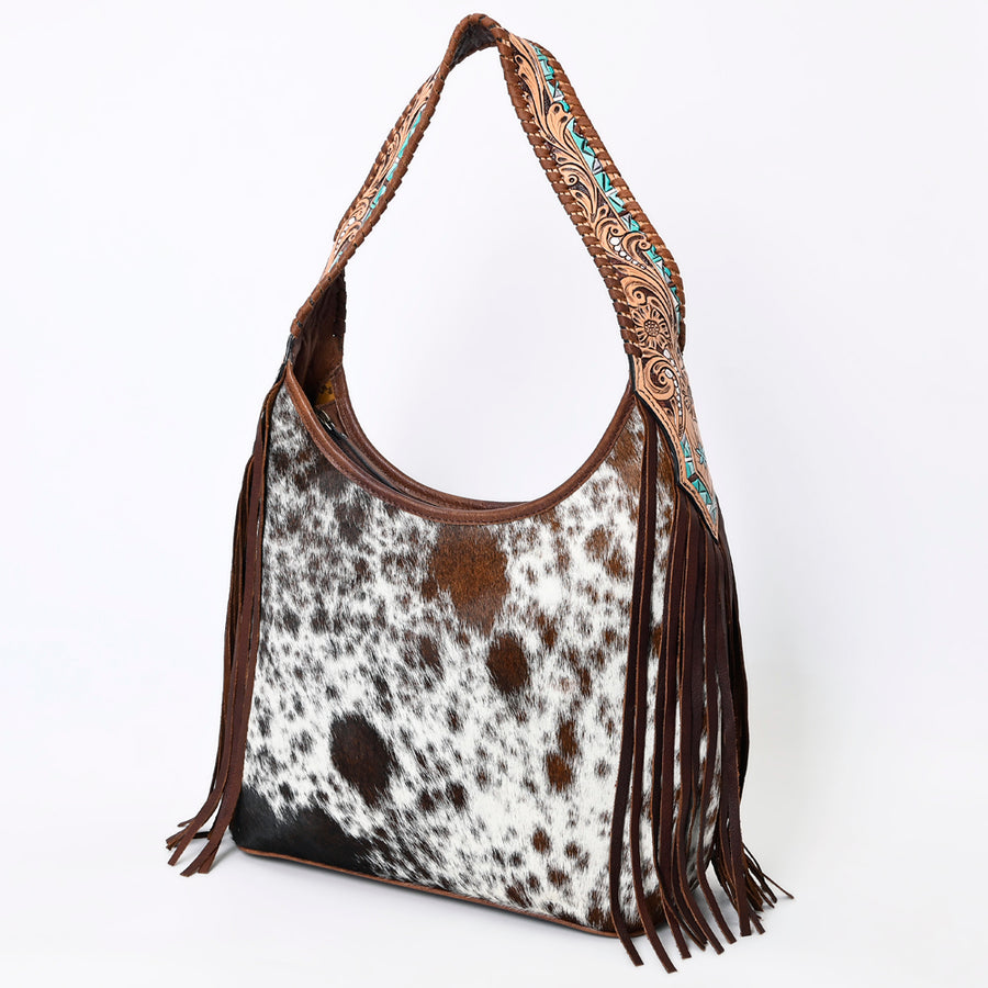 American Darling Hobo Bag for Women, Hand Tooled Floral Leather & Hair-On Cowhide Western Purse with Fringes & YKK Zipper