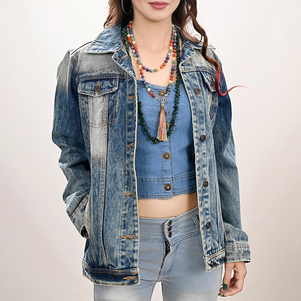 ADJKT030 Genuine leather Hand tooled hand carved Women 100% cotton Denim jacket dress ladies girl