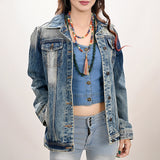 ADJKT030 Genuine leather Hand tooled hand carved Women 100% cotton Denim jacket dress ladies girl