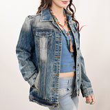 ADJKT030 Genuine leather Hand tooled hand carved Women 100% cotton Denim jacket dress ladies girl