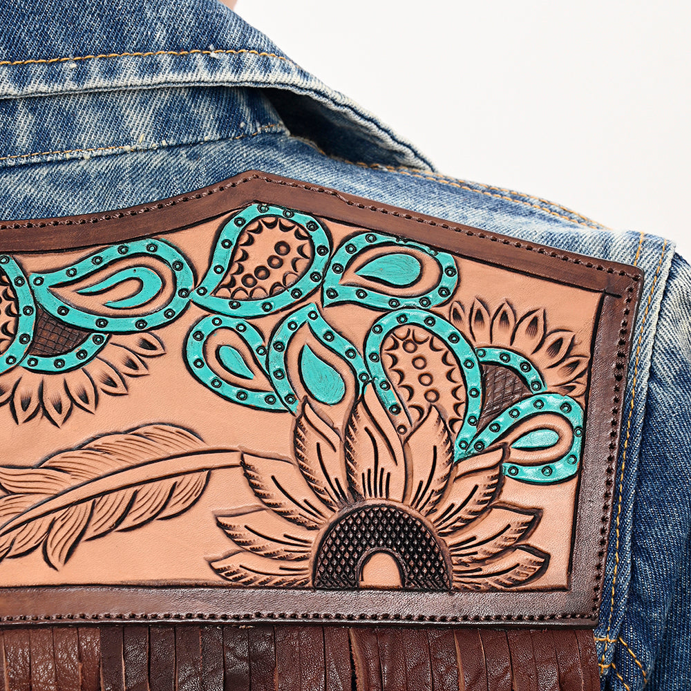 ADJKT030 Genuine leather Hand tooled hand carved Women 100% cotton Denim jacket dress ladies girl