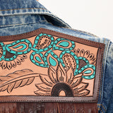 ADJKT030 Genuine leather Hand tooled hand carved Women 100% cotton Denim jacket dress ladies girl