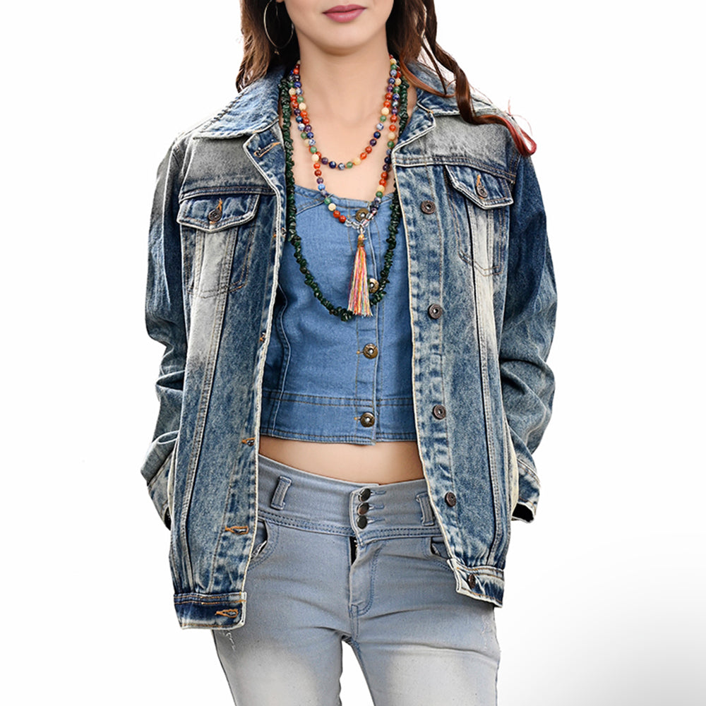ADJKT030 Genuine leather Hand tooled hand carved Women 100% cotton Denim jacket dress ladies girl