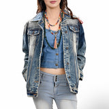 ADJKT030 Genuine leather Hand tooled hand carved Women 100% cotton Denim jacket dress ladies girl