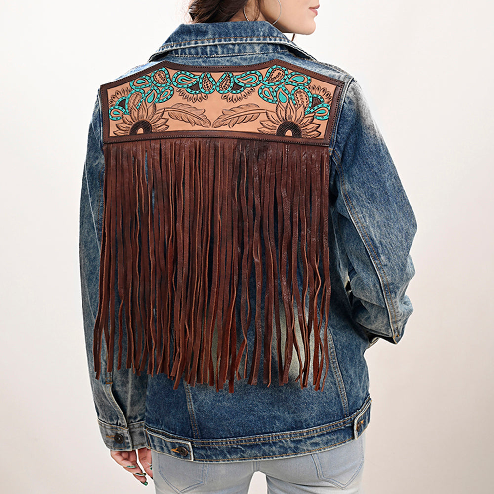 ADJKT030 Genuine leather Hand tooled hand carved Women 100% cotton Denim jacket dress ladies girl