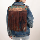 ADJKT030 Genuine leather Hand tooled hand carved Women 100% cotton Denim jacket dress ladies girl