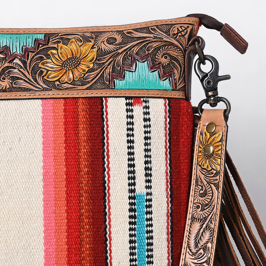American Darling Large Cross body Bag, Hand Tooled Floral Leather, Hand Woven Saddle Blanket with Fringes, Western Crossbody