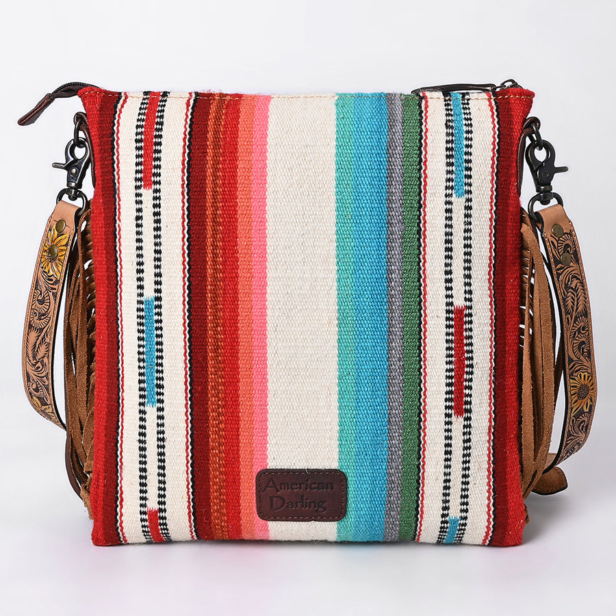 American Darling Large Cross body Bag, Hand Tooled Floral Leather, Hand Woven Saddle Blanket with Fringes, Western Crossbody