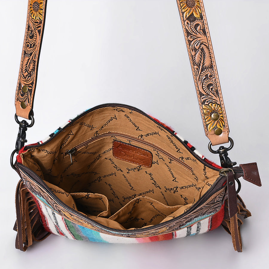 American Darling Large Cross body Bag, Hand Tooled Floral Leather, Hand Woven Saddle Blanket with Fringes, Western Crossbody