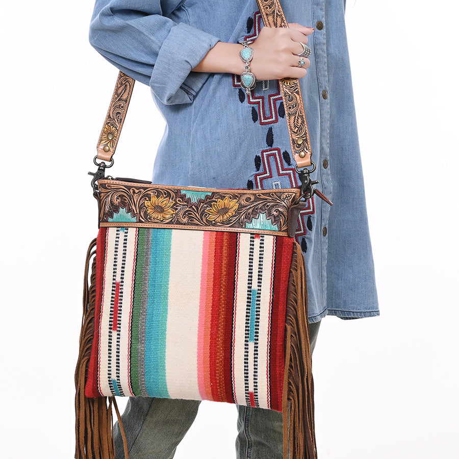 American Darling Large Cross body Bag, Hand Tooled Floral Leather, Hand Woven Saddle Blanket with Fringes, Western Crossbody