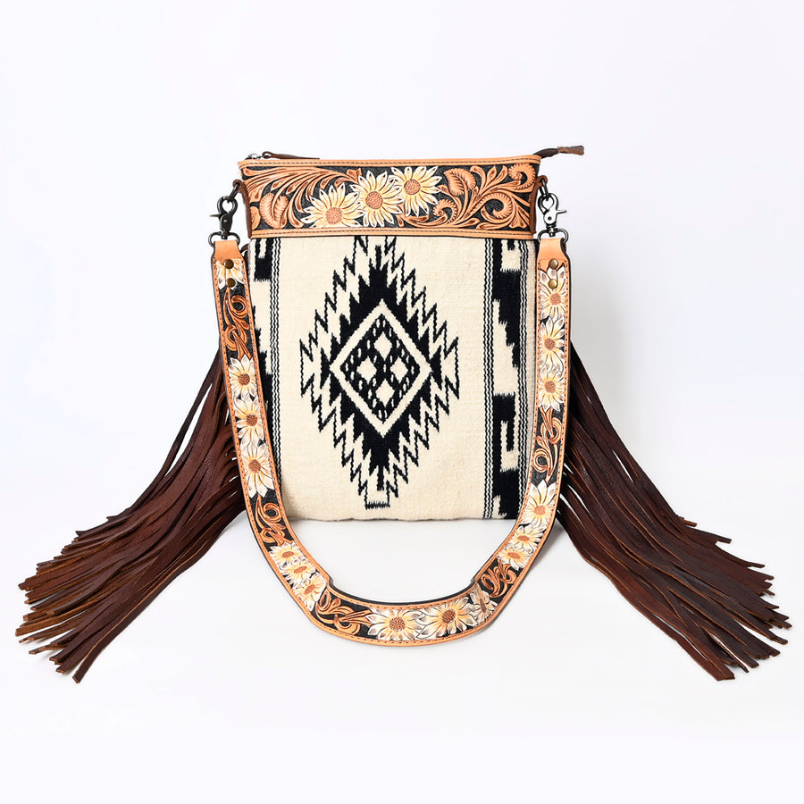 American Darling Large Cross body Bag, Hand Tooled Floral Leather, Hand Woven Saddle Blanket with Fringes, Western Crossbody