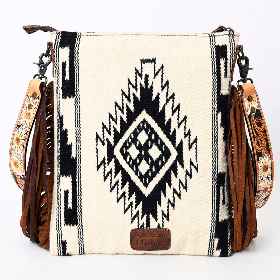 American Darling Large Cross body Bag, Hand Tooled Floral Leather, Hand Woven Saddle Blanket with Fringes, Western Crossbody