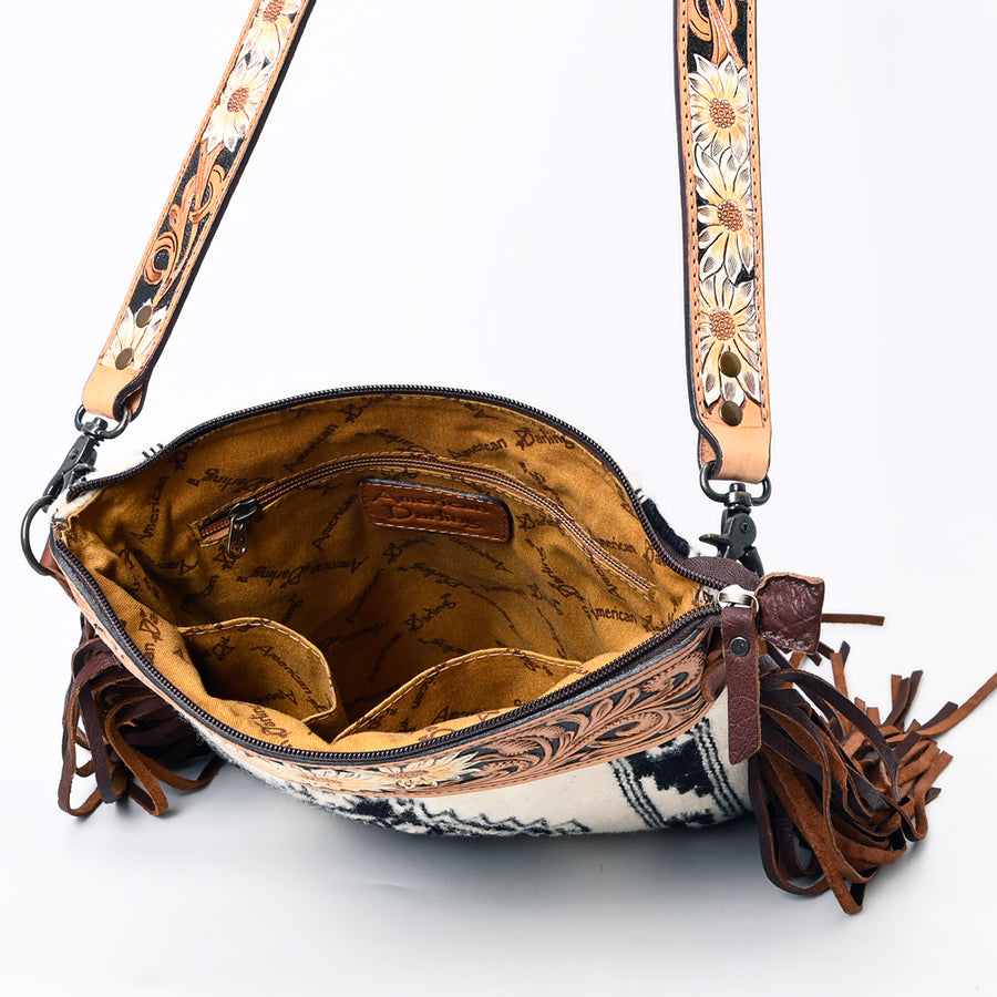 American Darling Large Cross body Bag, Hand Tooled Floral Leather, Hand Woven Saddle Blanket with Fringes, Western Crossbody