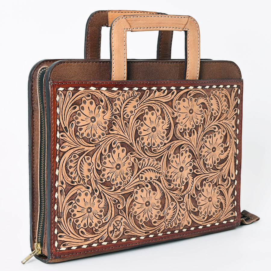 American Darling Western Briefcase Bag Hand Tooled Floral Carved Genuine Leather Office Organizer 10.5in (H) X 13in (W) X 1.5in (D)