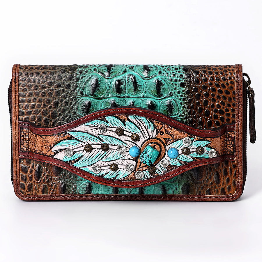 American Darling Western Organizer Bag Crocodile Embossed Hand Tooled Floral Carved Genuine Leather Wallet 4.5in (H) X 8in (W)