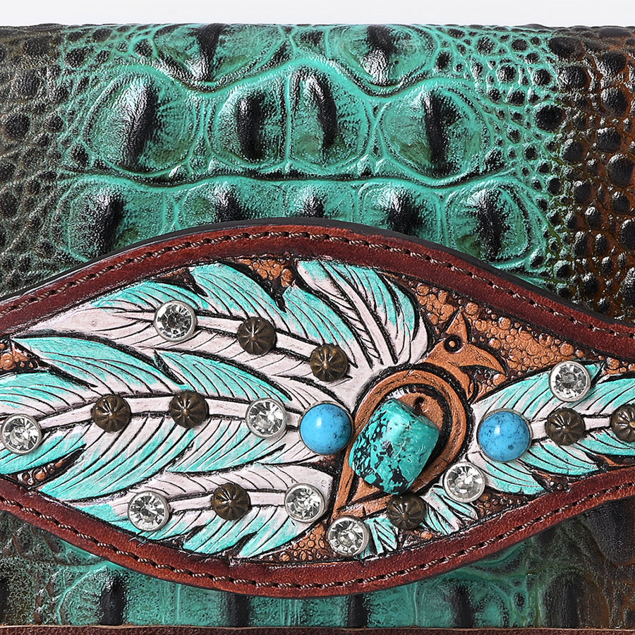 American Darling Western Organizer Bag Crocodile Embossed Hand Tooled Floral Carved Genuine Leather Wallet 4.5in (H) X 8in (W)