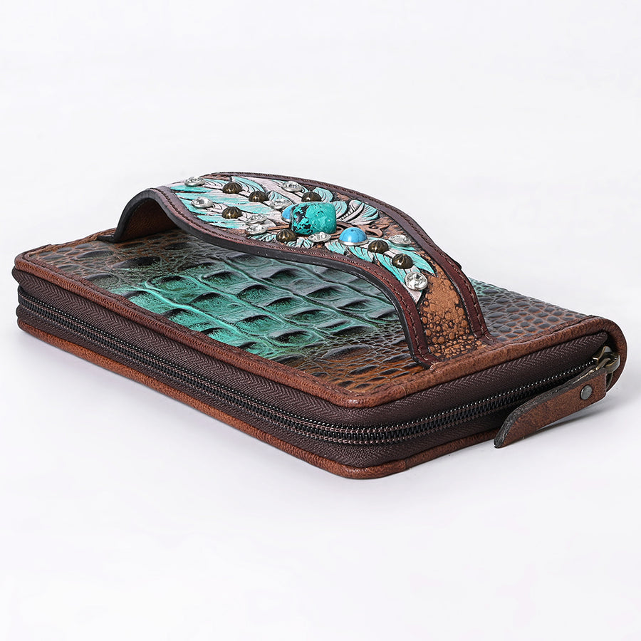 American Darling Western Organizer Bag Crocodile Embossed Hand Tooled Floral Carved Genuine Leather Wallet 4.5in (H) X 8in (W)