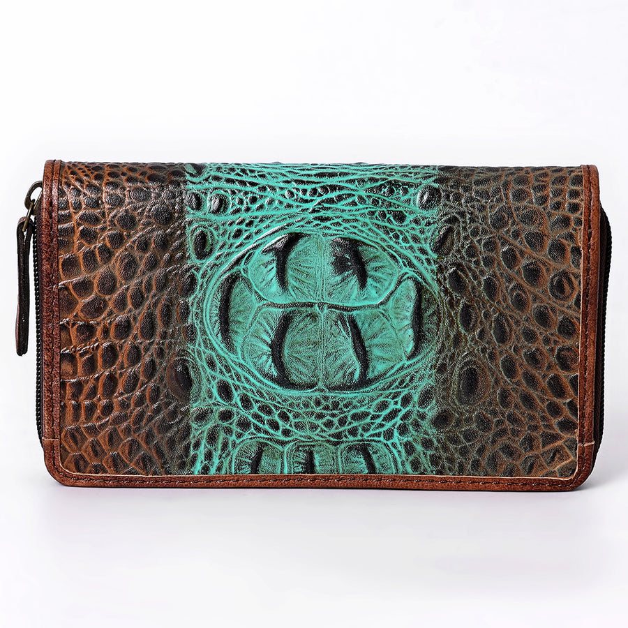 American Darling Western Organizer Bag Crocodile Embossed Hand Tooled Floral Carved Genuine Leather Wallet 4.5in (H) X 8in (W)
