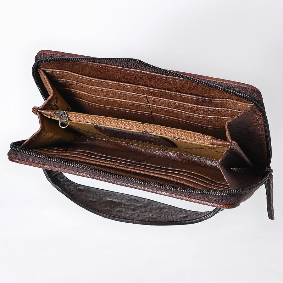 American Darling Western Organizer Bag Crocodile Embossed Hand Tooled Floral Carved Genuine Leather Wallet 4.5in (H) X 8in (W)