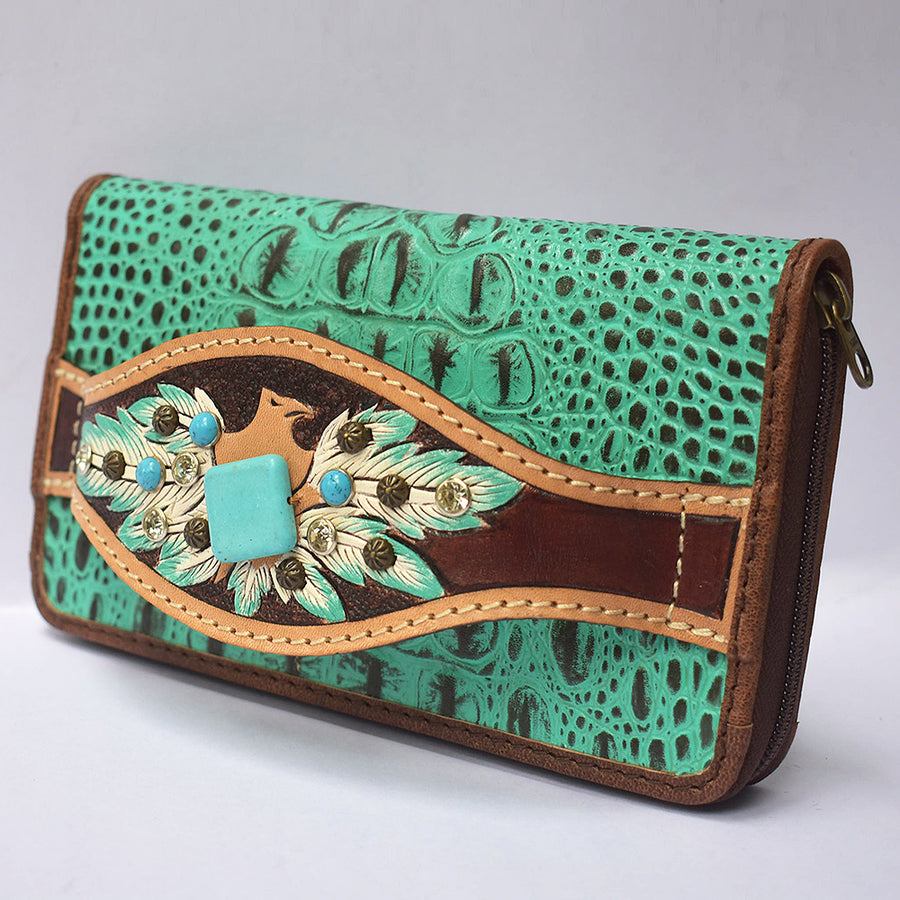 American Darling Western Organizer Bag Crocodile Embossed Hand Tooled Floral Carved Genuine Leather Wallet 4.5in (H) X 8in (W)