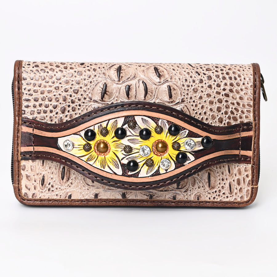 American Darling Western Organizer Bag Crocodile Embossed Hand Tooled Floral Carved Genuine Leather Wallet 4.5in (H) X 8in (W)