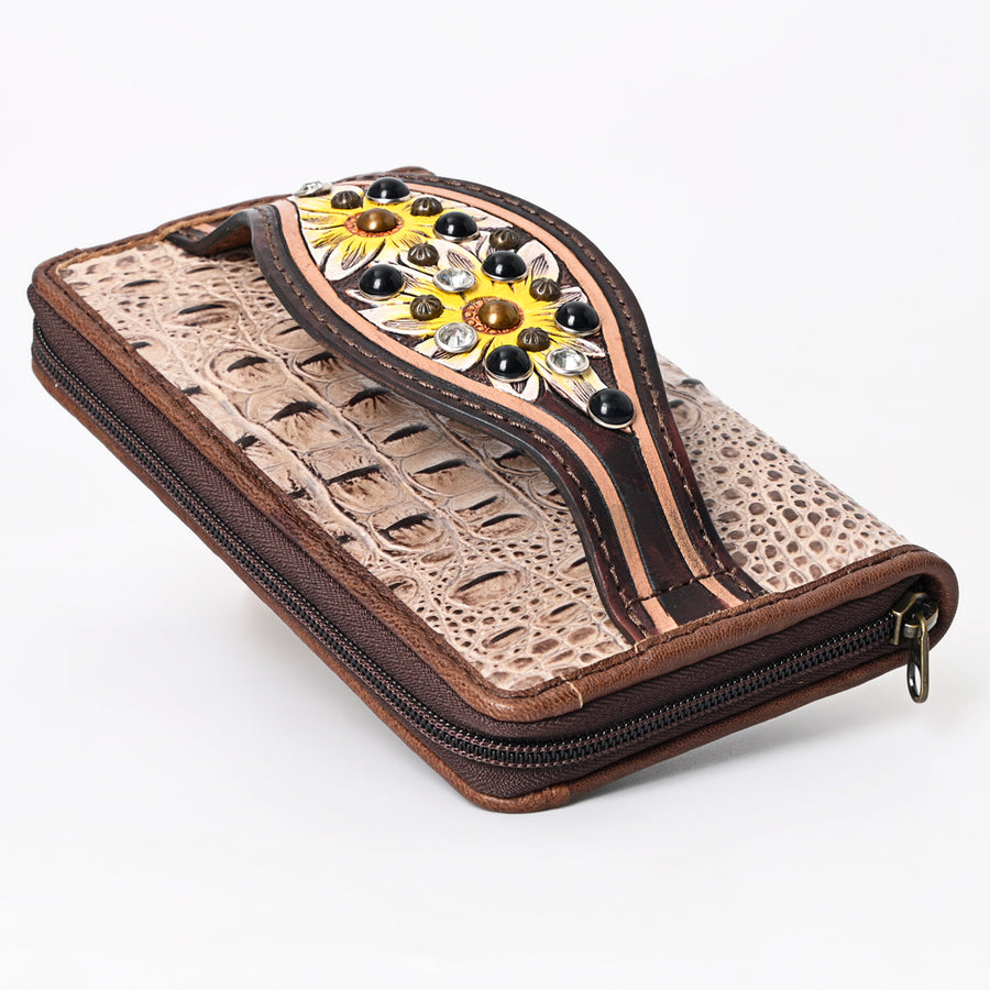 American Darling Western Organizer Bag Crocodile Embossed Hand Tooled Floral Carved Genuine Leather Wallet 4.5in (H) X 8in (W)