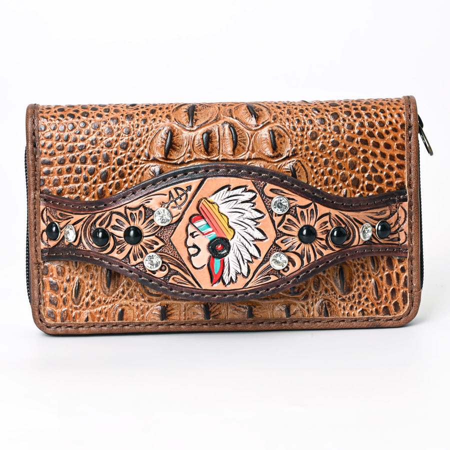 American Darling Western Organizer Bag Crocodile Embossed Hand Tooled Floral Carved Genuine Leather Wallet 4.5in (H) X 8in (W)