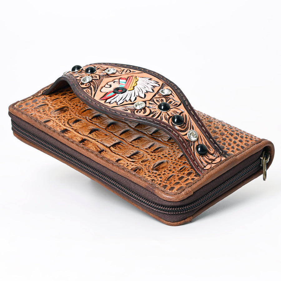American Darling Western Organizer Bag Crocodile Embossed Hand Tooled Floral Carved Genuine Leather Wallet 4.5in (H) X 8in (W)