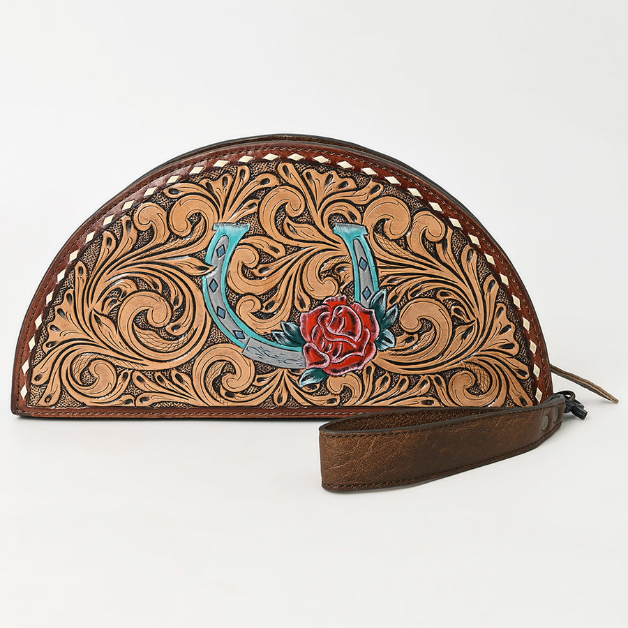 American Darling Hand-Tooled Leather Taco Handbag for Women – Genuine Full-Grain Leather Wristlet Clutch with Floral Carving and Zip Closure