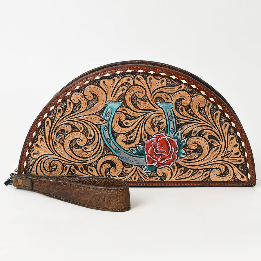 American Darling Hand-Tooled Leather Taco Handbag for Women – Genuine Full-Grain Leather Wristlet Clutch with Floral Carving and Zip Closure