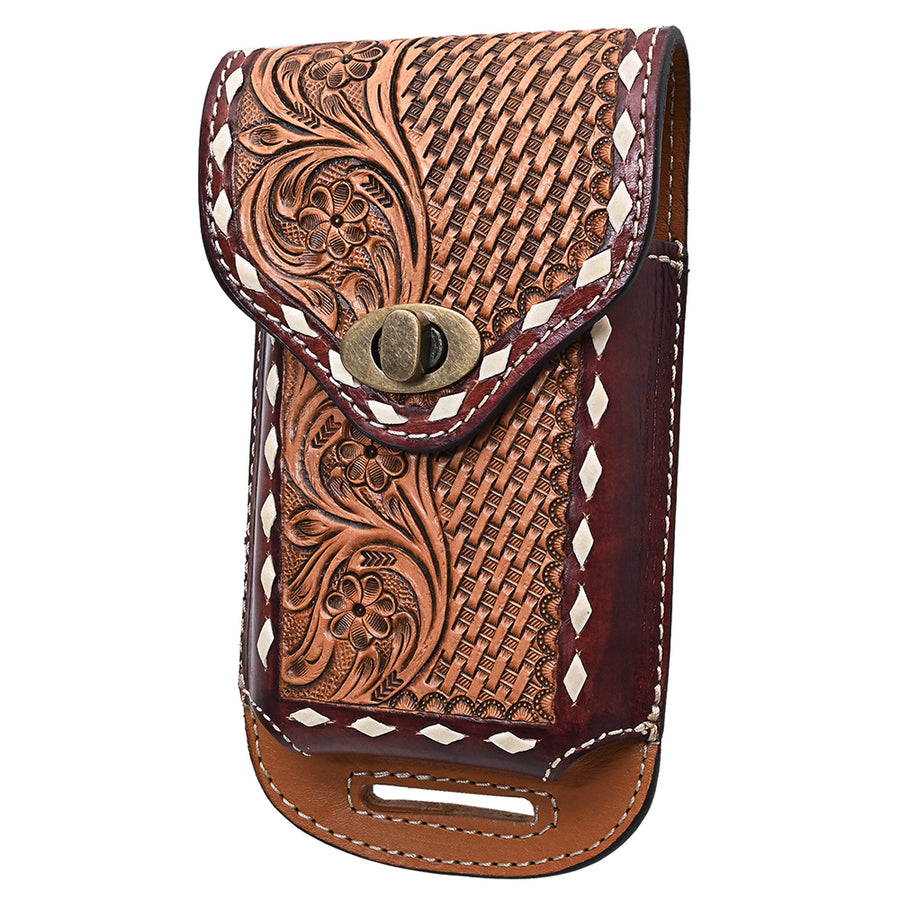 Hilason Horse Saddle Basketweave Floral American Leather Cell Phone Case Pouch Tan - Uhorse