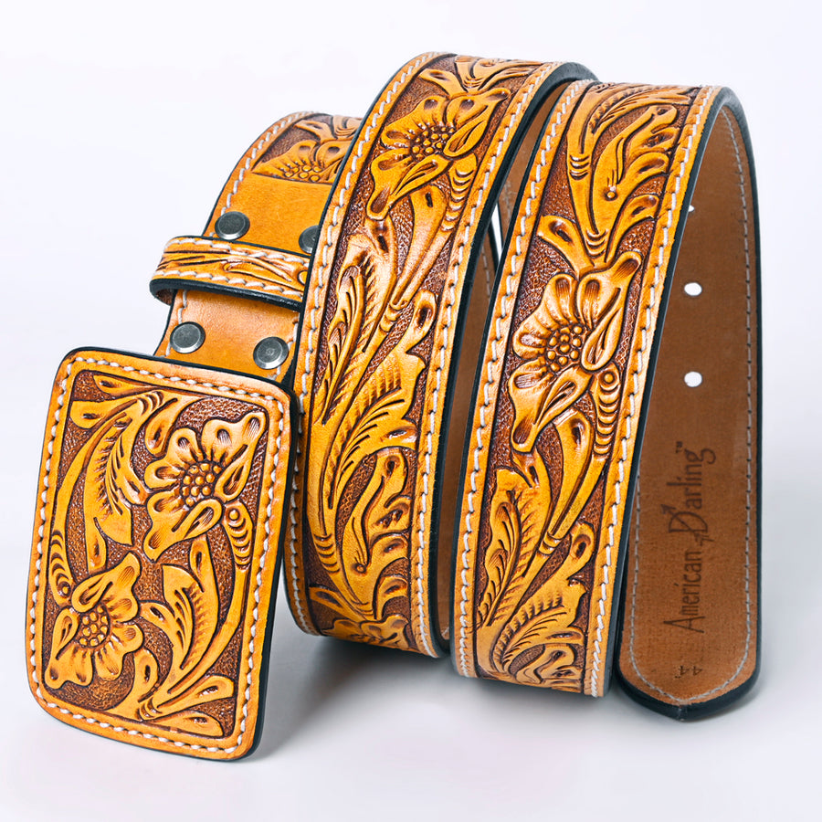 American Darling Beautifully Hand Tooled Brown Genuine Leather Belt Men and Women Western with Removable Buckle
