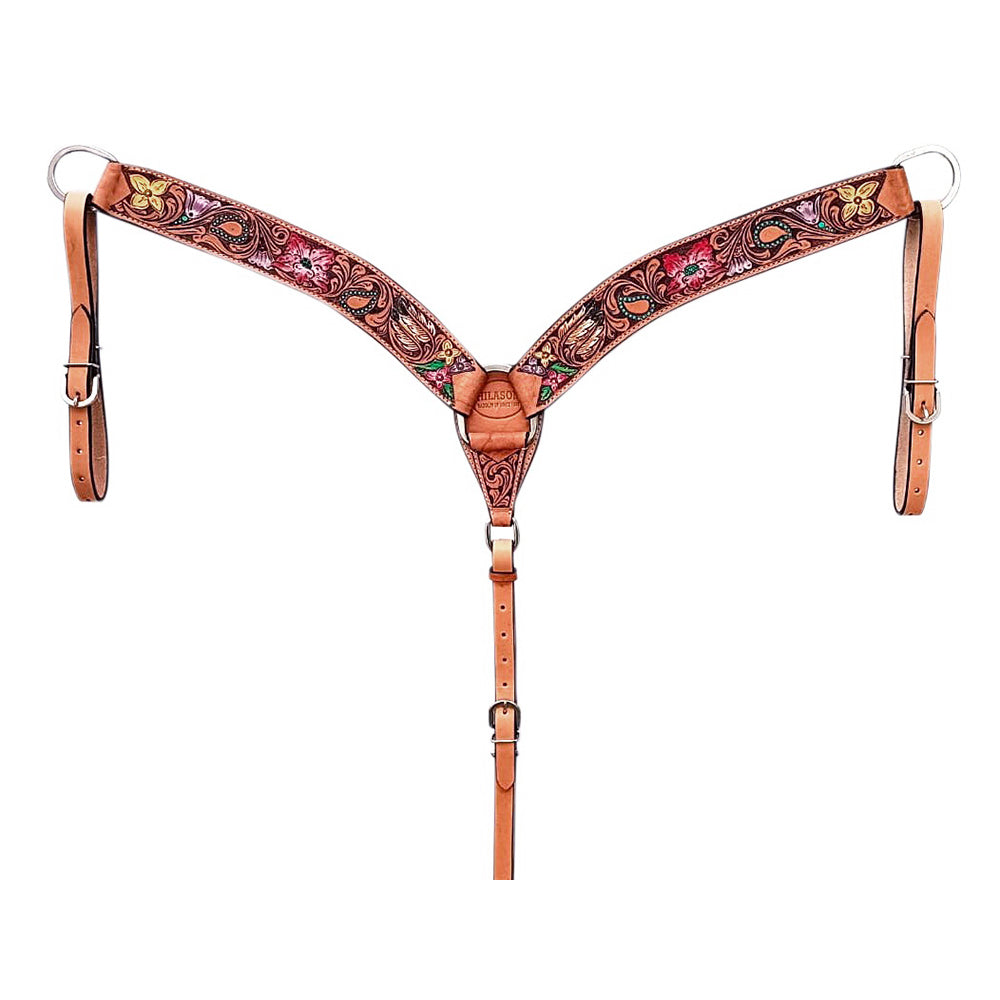 HILASON Western Horse Headstall & Breast Collar Tack Set American Leather Floral Carving Tan
