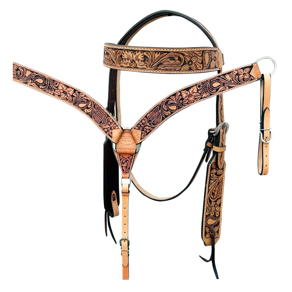 HILASON Western Horse Headstall & Breast Collar Tack Set American Leather Floral Carving Tan