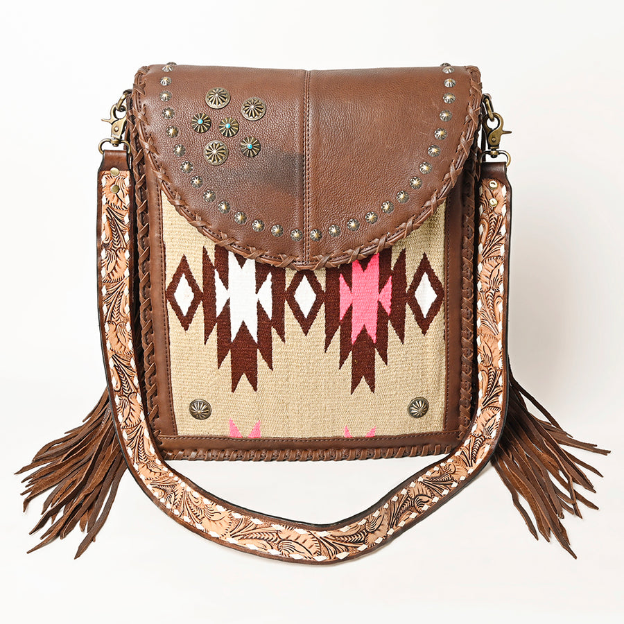 American Darling Hand Woven Saddle Blanket Fringed Cross body Bag Vegetable-Tanned Leather Rivetted Hand Tooled Western Purse