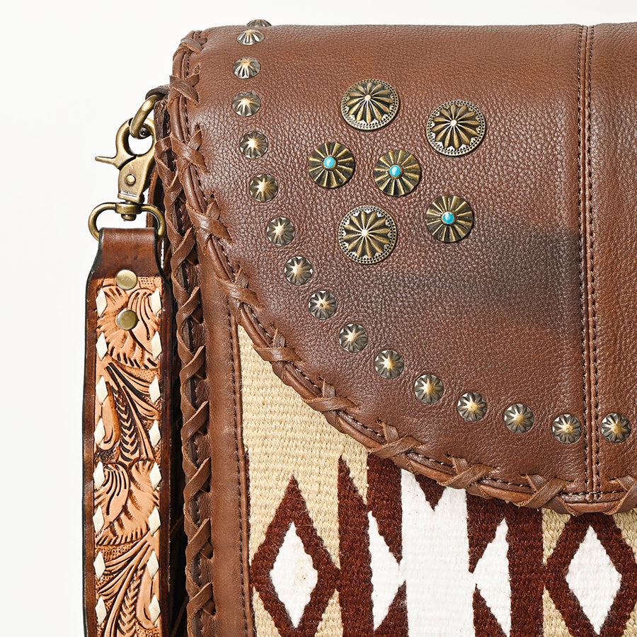 American Darling Hand Woven Saddle Blanket Fringed Cross body Bag Vegetable-Tanned Leather Rivetted Hand Tooled Western Purse