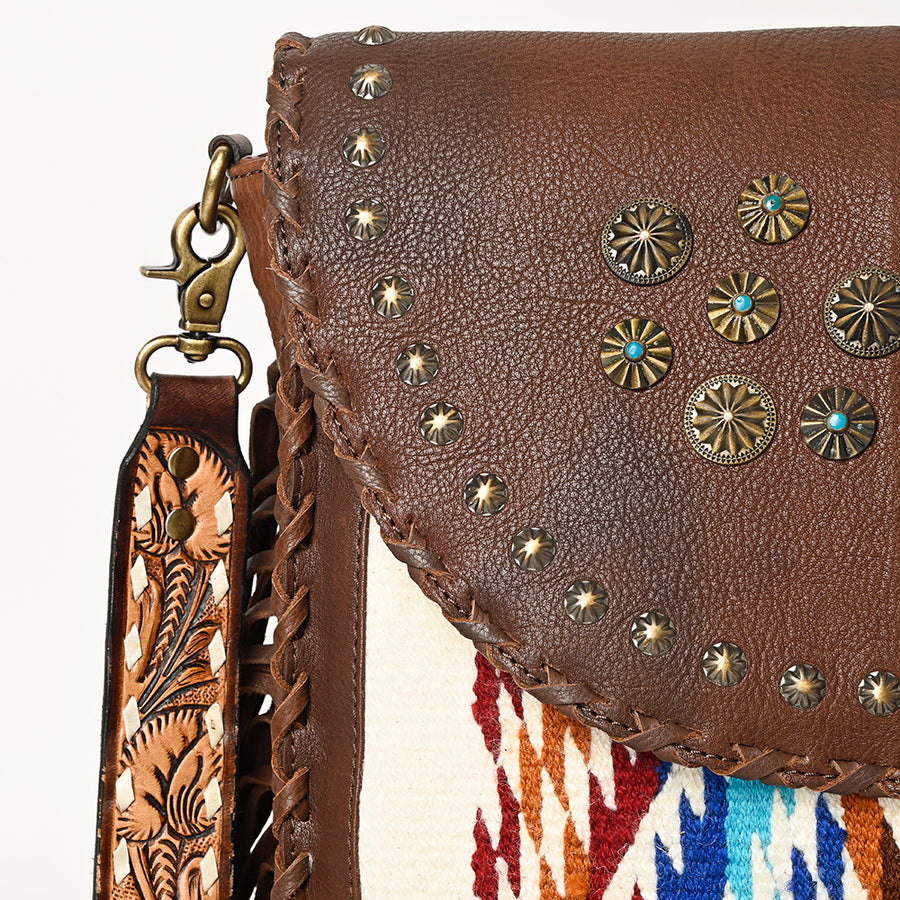 American Darling Hand Woven Saddle Blanket Fringed Cross body Bag Vegetable-Tanned Genuine Leather Rivetted Western Purse