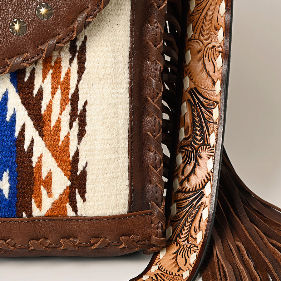 American Darling Hand Woven Saddle Blanket Fringed Cross body Bag Vegetable-Tanned Genuine Leather Rivetted Western Purse