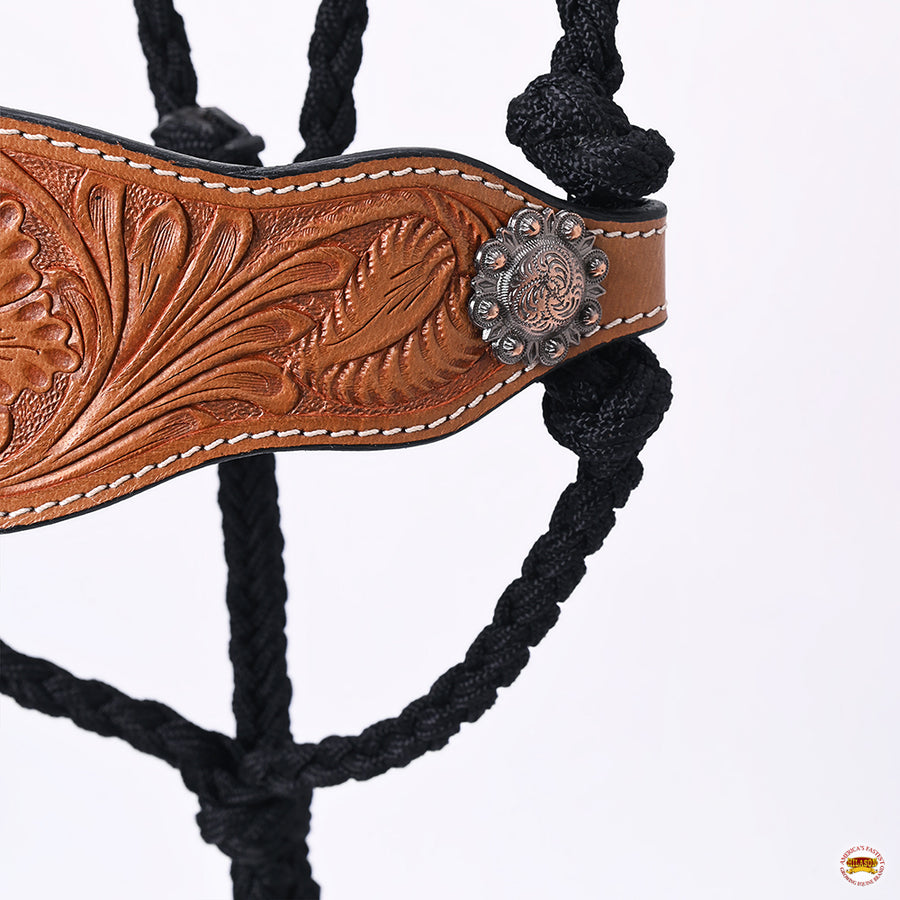 HILASON Western Horse Halter Basic Poly Rope with Lead Floral Leather Black 8 Ft | Halters for Horses and