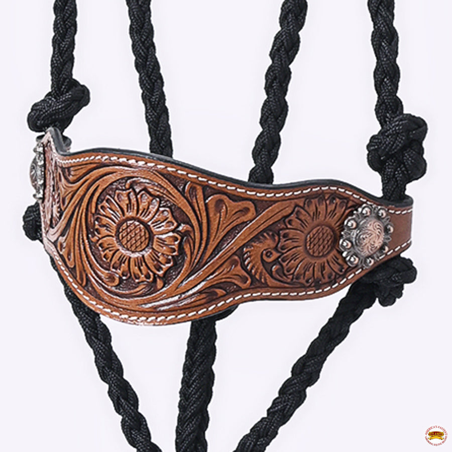HILASON Western Horse Halter Basic Poly Rope with Lead Floral Leather Black 8 Ft | Halters for Horses and