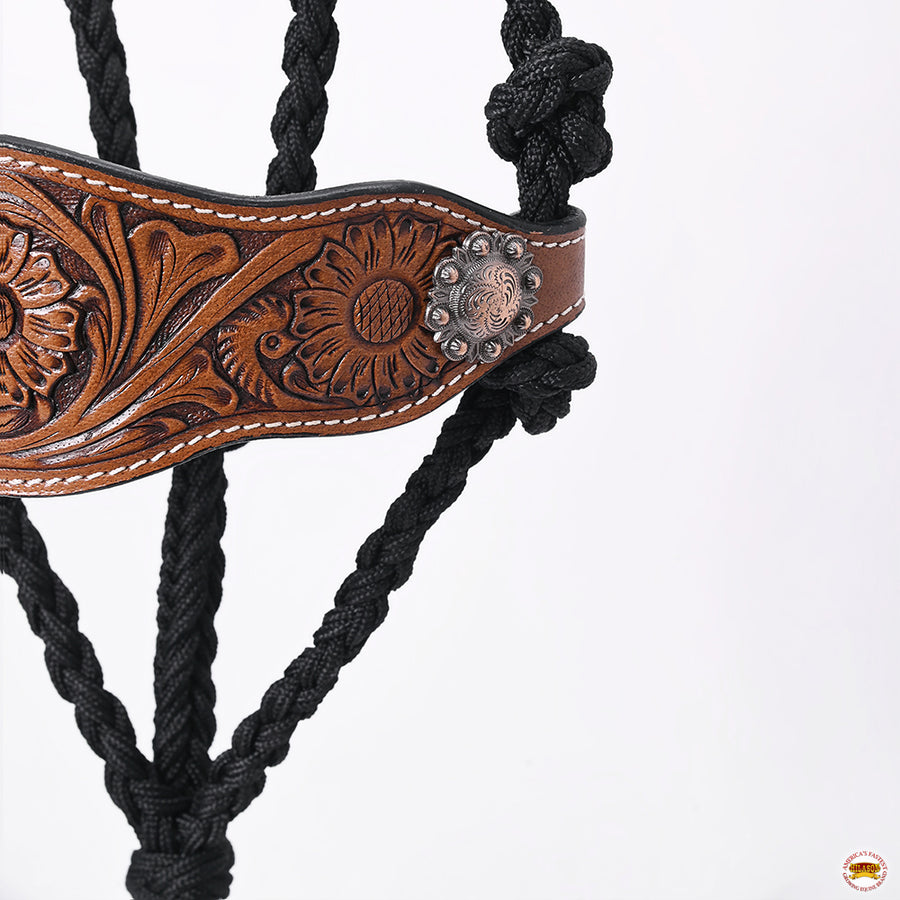 HILASON Western Horse Halter Basic Poly Rope with Lead Floral Leather Black 8 Ft | Halters for Horses and
