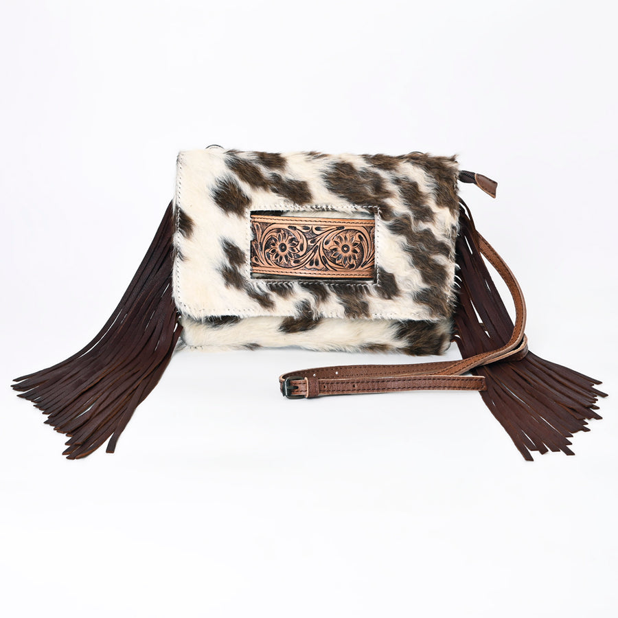 American Darling Small Cross body Bag Hand Tooled Floral Carved Leather Hair-On Cowhide with Fringes