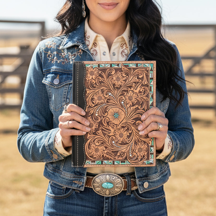 American Darling Western Portfolio Bag Hand Tooled Floral Carved Genuine Leather Document Holder 12in (H) X 9.5in (W)